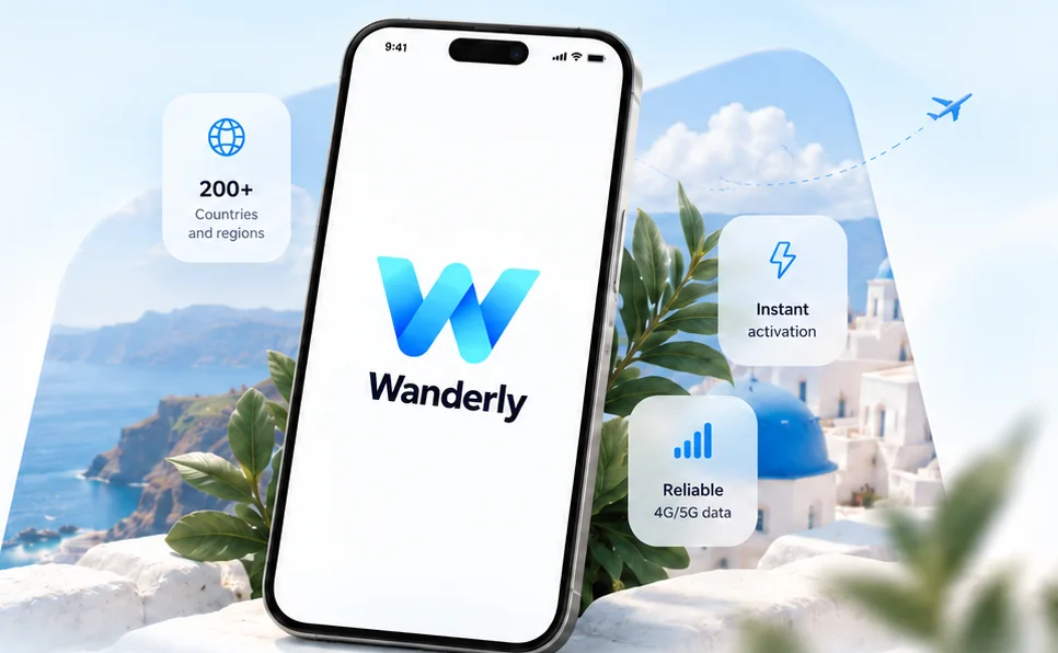 The Wanderly app on an iPhone in front of a Santorini coastline, with 200+ countries, instant activation and 4G/5G data highlighted